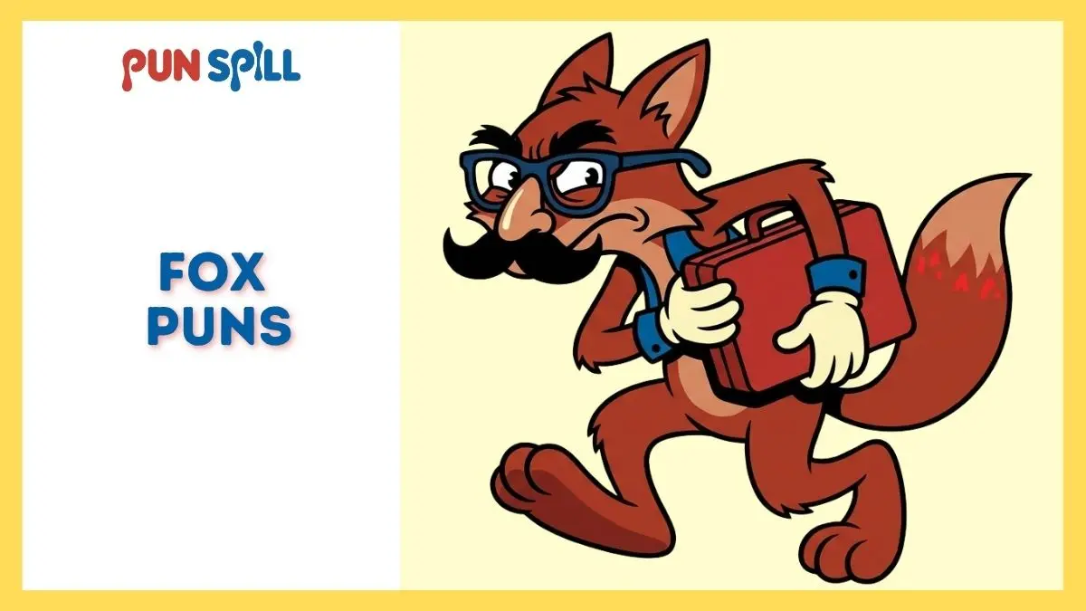 A cartoon fox wearing a fake mustache and glasses, trying to look sneaky while thinking of clever fox puns.