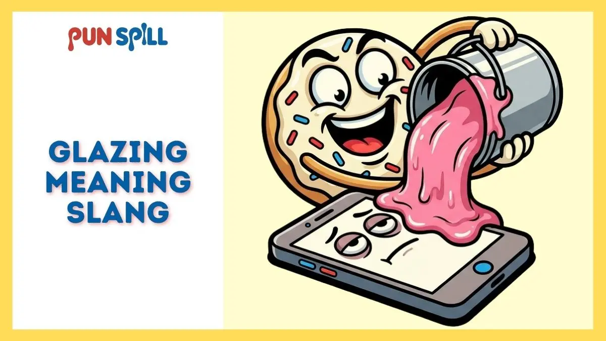 An overly enthusiastic donut character aggressively pouring a bucket of sweet glaze onto an annoyed smartphone, visually explaining the glazing meaning slang.