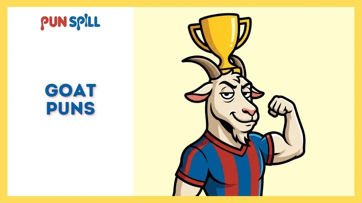 A smug cartoon goat wearing a sports jersey while holding a gold trophy, representing the greatest of all time goat puns.