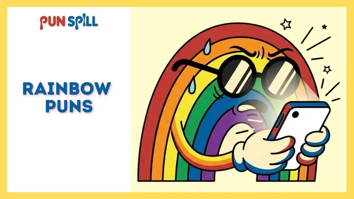 An anthropomorphic rainbow wearing oversized sunglasses and squinting intensely at a blank smartphone, representing bright rainbow puns for group chats.