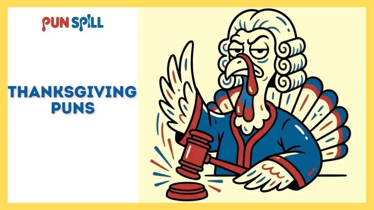 A smug cartoon turkey wearing a judge wig and banging a red gavel to pardon Thanksgiving puns.