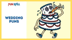 An exhausted wedding cake character sweating and drinking a martini to survive the reception, representing funny wedding puns.