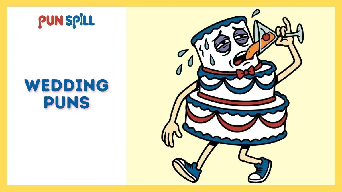 An exhausted wedding cake character sweating and drinking a martini to survive the reception, representing funny wedding puns.