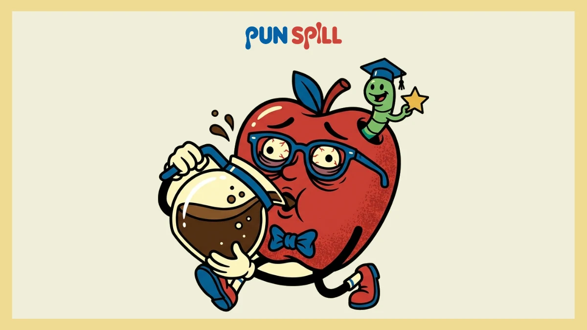 Frazzled cartoon teacher apple chugging from a giant coffee pot with a worm in a graduation cap for teacher apple puns