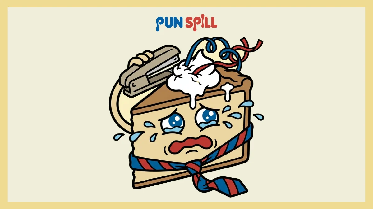 A depressed sheet cake wearing a necktie crying and holding a stapler for office birthday puns.
