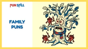 An exhausted cartoon family tree swatting away annoying little acorns, representing the ultimate list of family puns for an awkward reunion.