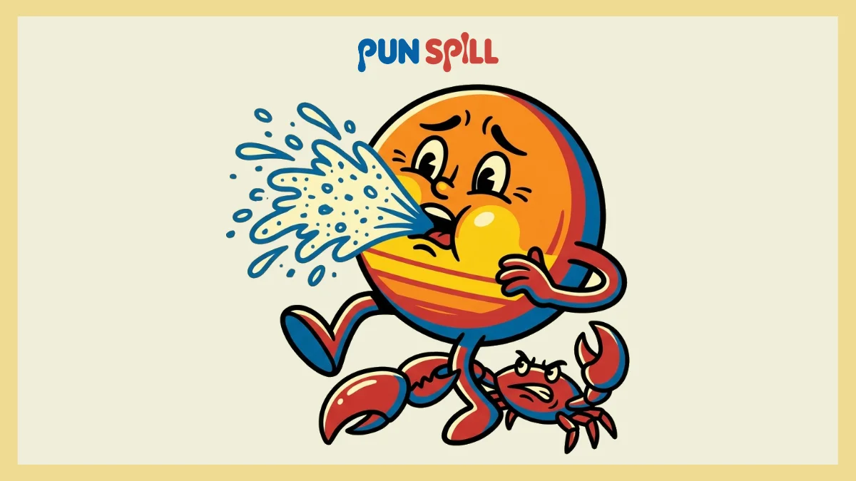 A cartoon sun choking on salt on a beach for an article about beach sunset puns.