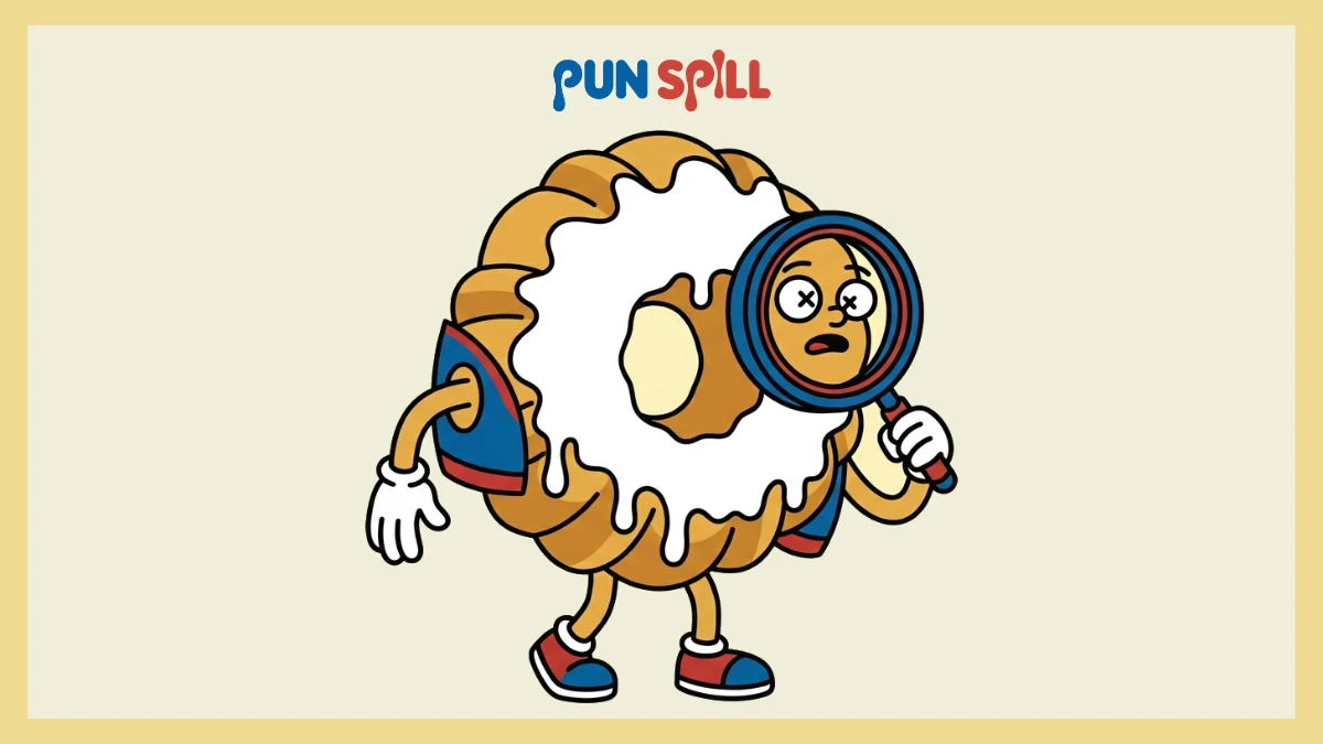Cartoon fluted bundt cake peeking through its own hollow center with a magnifying glass for bundt cake puns.