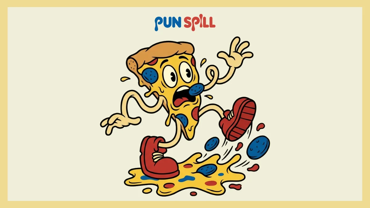 An anthropomorphic pizza slice slipping on melted cheese with a terrified expression to represent cheesy pizza wordplay and Italy puns.