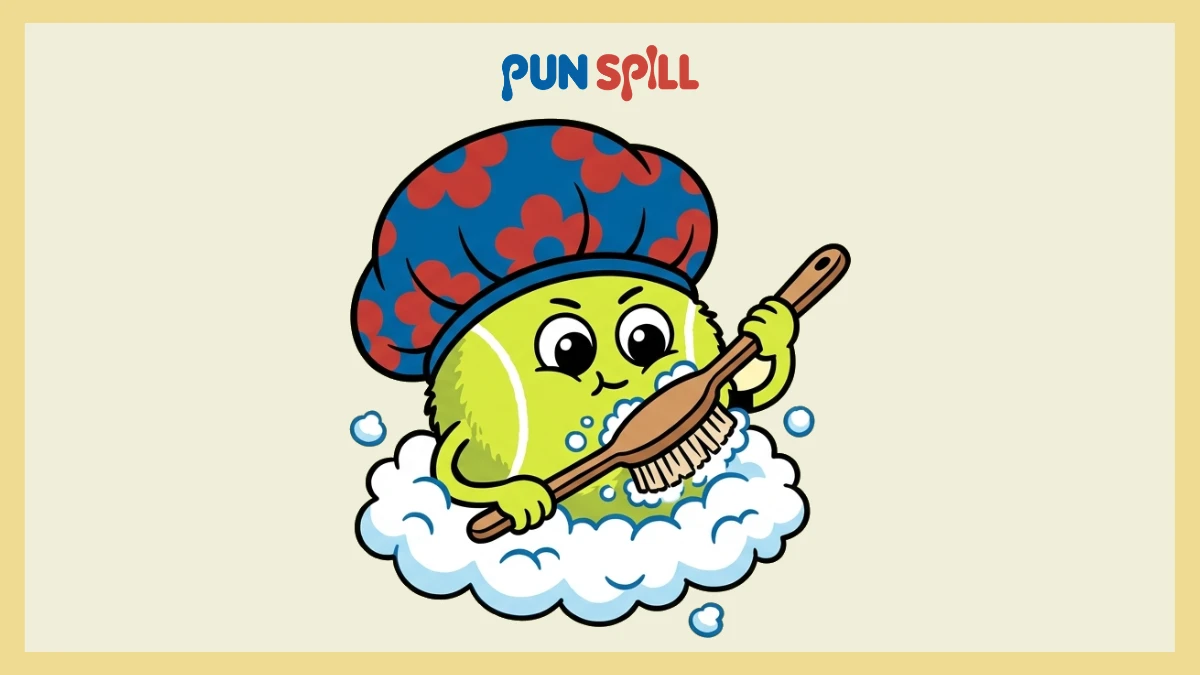 A tiny innocent tennis ball taking a bubbly bath with a scrub brush, illustrating clean tennis jokes.