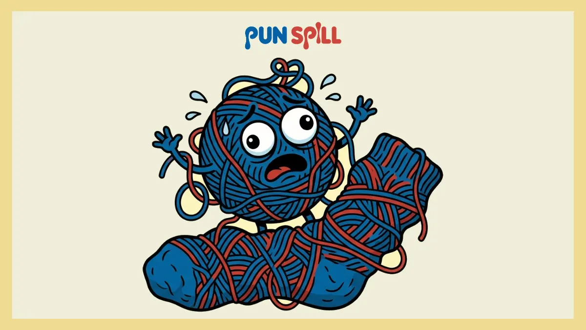 A frantic ball of yarn accidentally knitting itself into a messy sock illustrating yarn and sock puns.