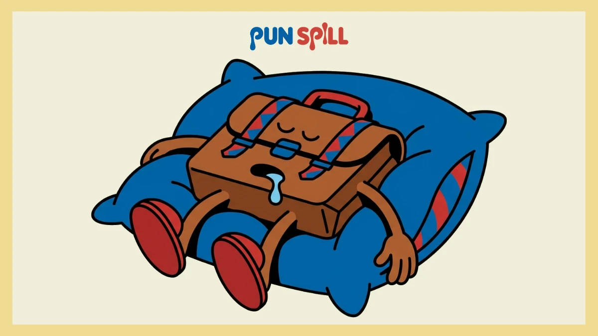 A leather briefcase sleeping on a pillow symbolizing cringey retirement puns for the boss.