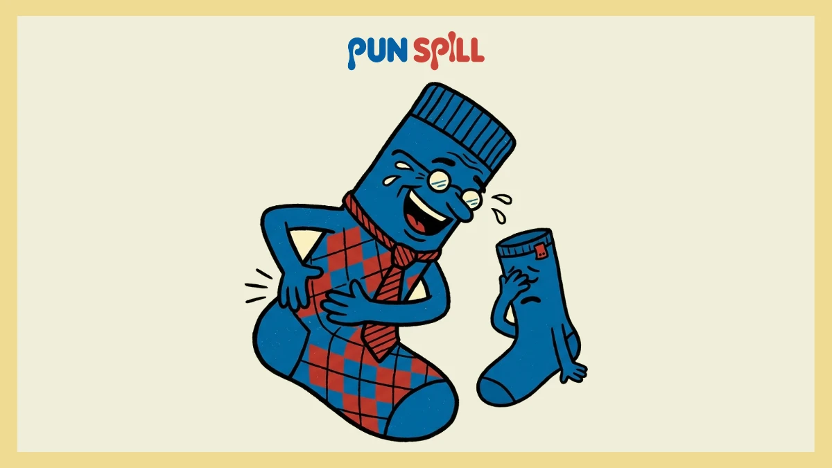 A goofy dad sock laughing at his own cringey sock puns while a smaller sock facepalms in embarrassment.