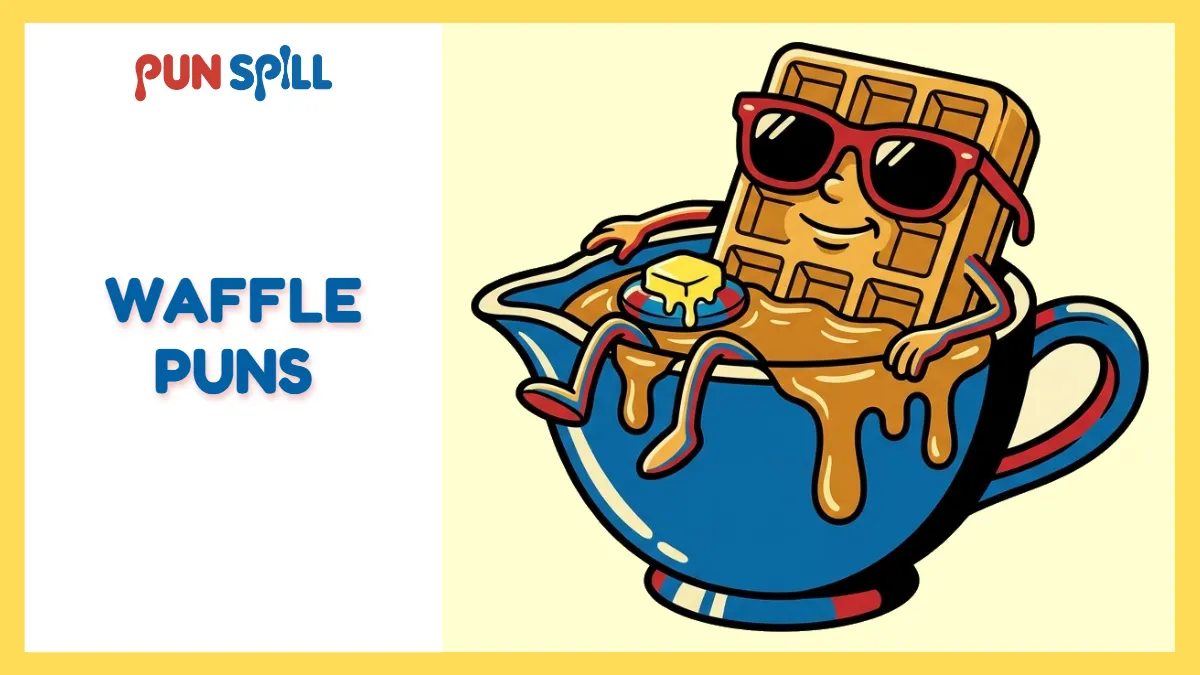 Cartoon illustration for crispy waffle puns showing a Belgian waffle relaxing in a syrup pool with a melting butter floatie.