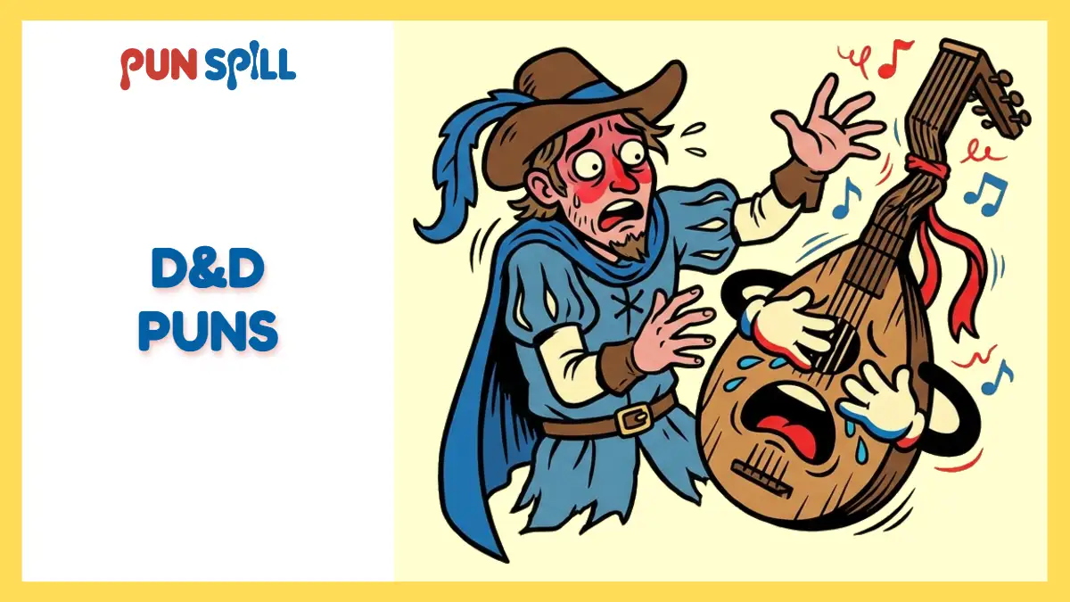A distressed bard struggling with a lute that has come alive to cover its own ears in agony, representing terrible D&D puns.