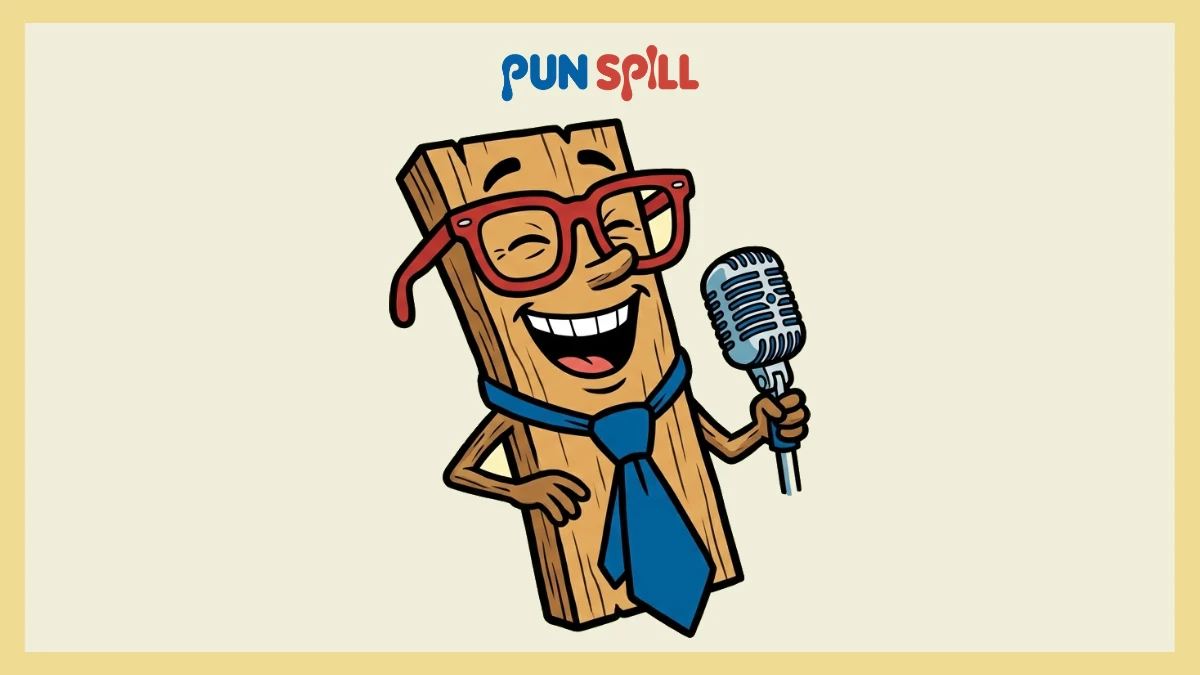 A funny wooden plank wearing a tie and laughing into a microphone, representing dad jokes about lumber and woodworking puns.