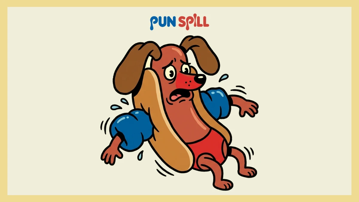 A terrified cartoon hot dog wearing inflatable water wings and doing the doggy paddle, illustrating pet swimming puns.