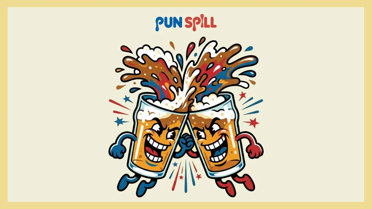 Two manic pint glasses headbutting each other and aggressively spilling liquid to celebrate drinking glass puns.