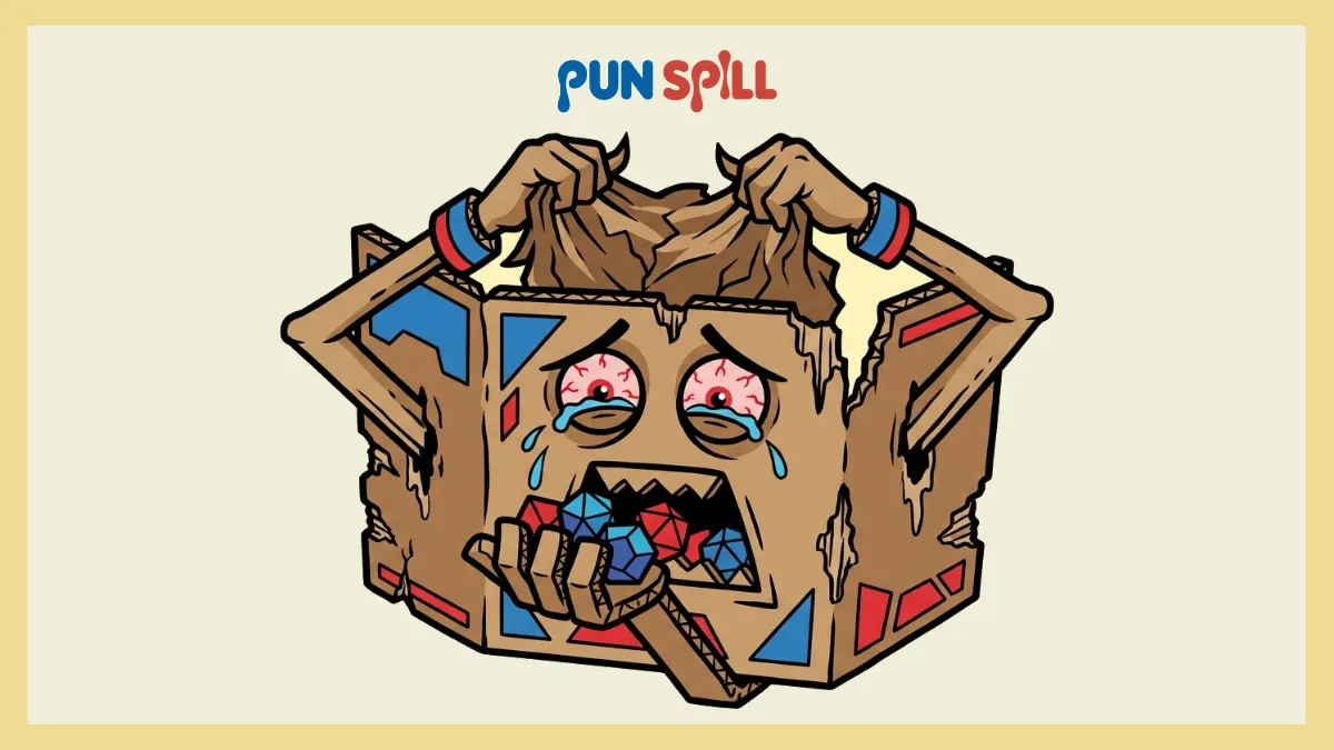 An exhausted cardboard dungeon master screen with a crying face pulling its own hair out over terrible D&D puns.
