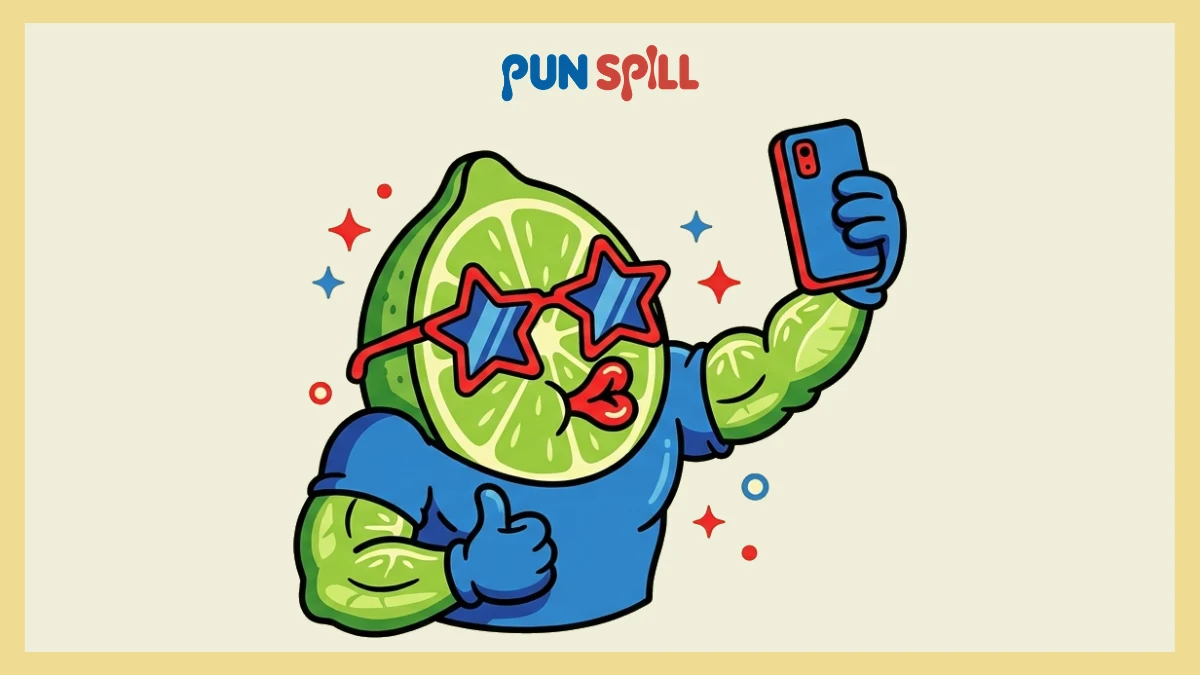 A smug lime wedge taking a selfie illustrating Instagram captions and bartender puns.