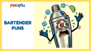 An exhausted cartoon cocktail shaker frantically juggling ice and lime representing funny bartender puns.