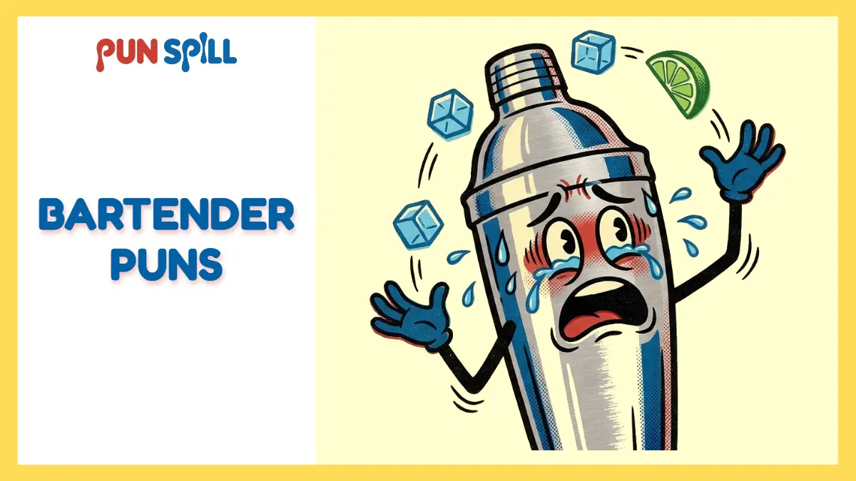 An exhausted cartoon cocktail shaker frantically juggling ice and lime representing funny bartender puns.
