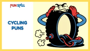 A cartoon bicycle tire with an exhausted face dramatically deflating itself to avoid hearing terrible cycling puns.