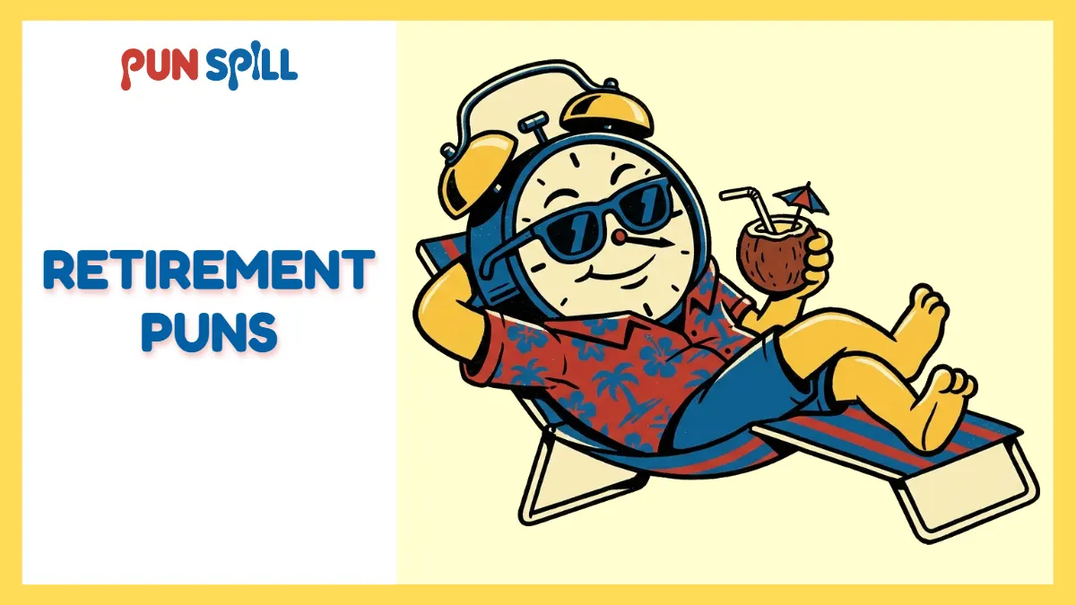 An alarm clock wearing sunglasses and a Hawaiian shirt lounging in a beach chair for funny retirement puns.