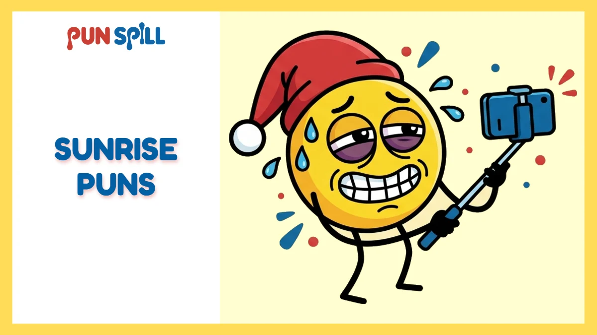 Editorial cartoon of an exhausted anthropomorphic sun trying to take an Instagram selfie for funny sunrise puns.