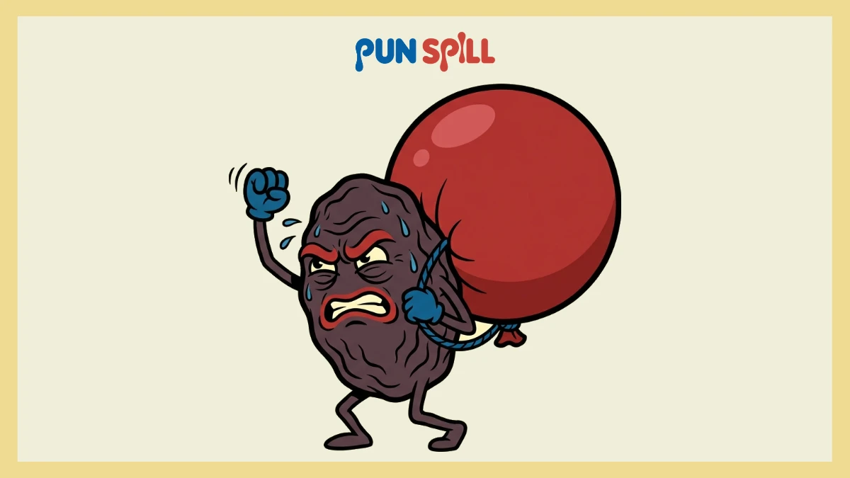 An angry, wrinkly raisin struggling with a balloon for getting older birthday puns.