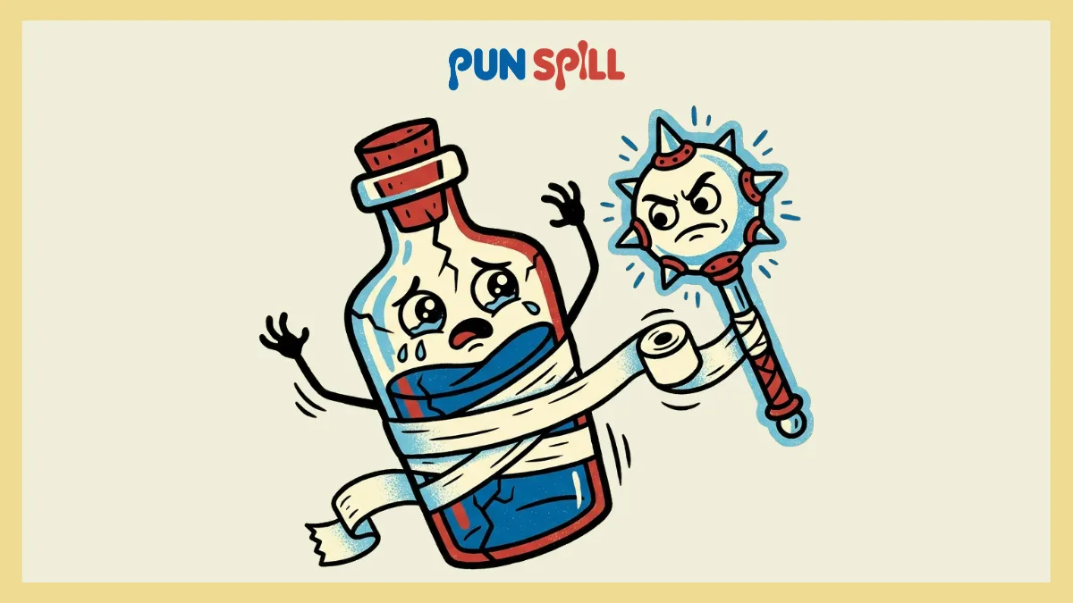 A cracked, crying health potion bottle being forcefully bandaged by an angry flying mace for cleric D&D puns.