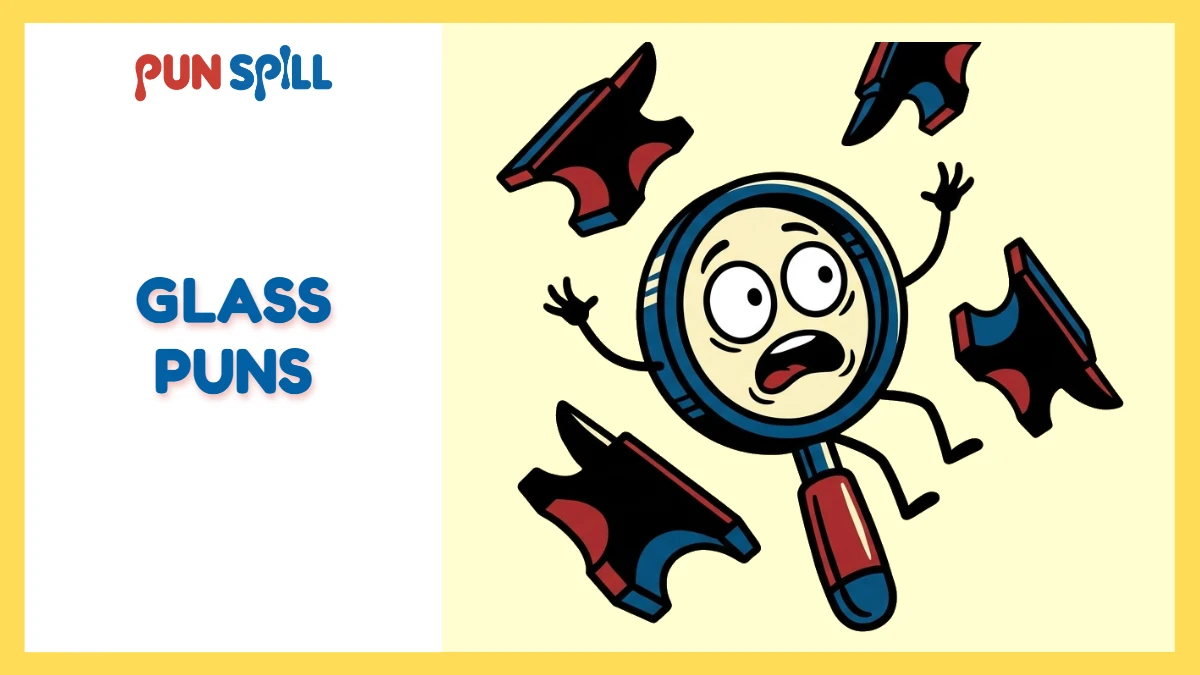 A terrified magnifying glass character frantically trying to catch falling anvils to represent hilarious glass puns.