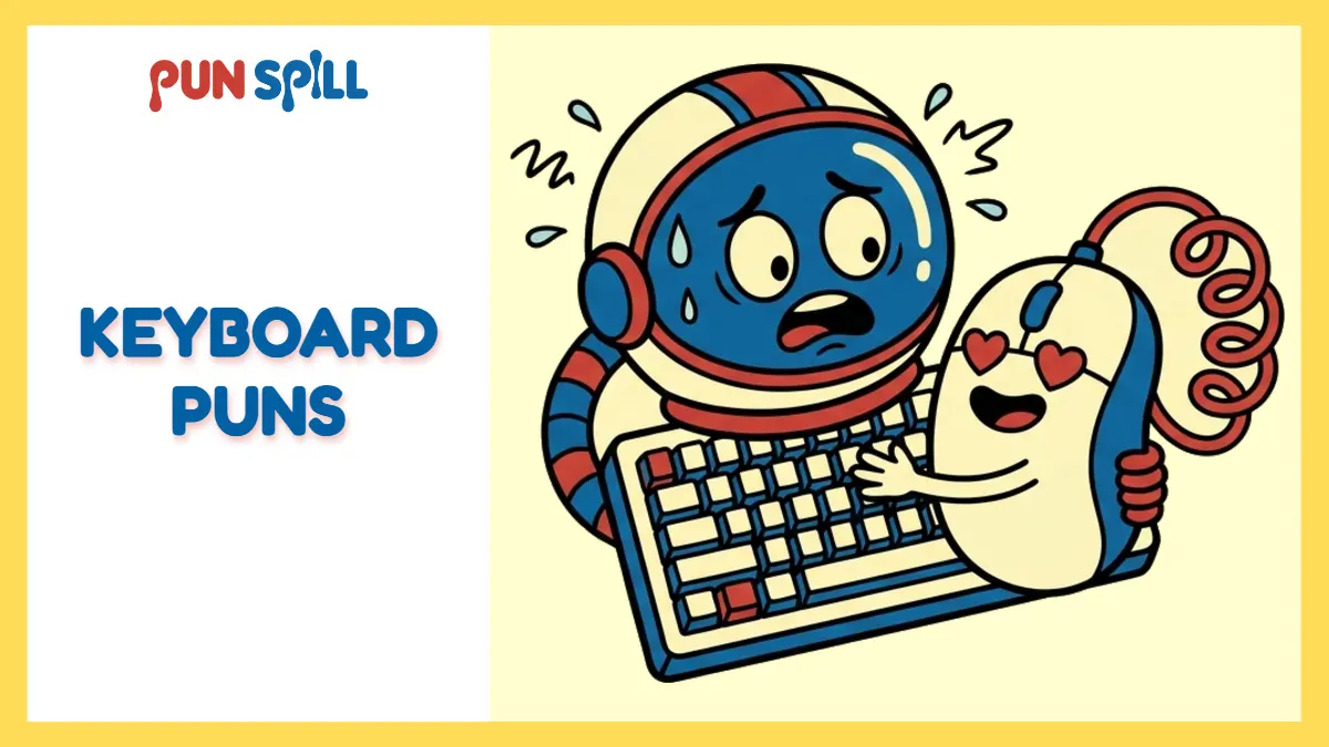 A funny anthropomorphic keyboard wearing an astronaut helmet floating in space, representing hilarious keyboard puns.