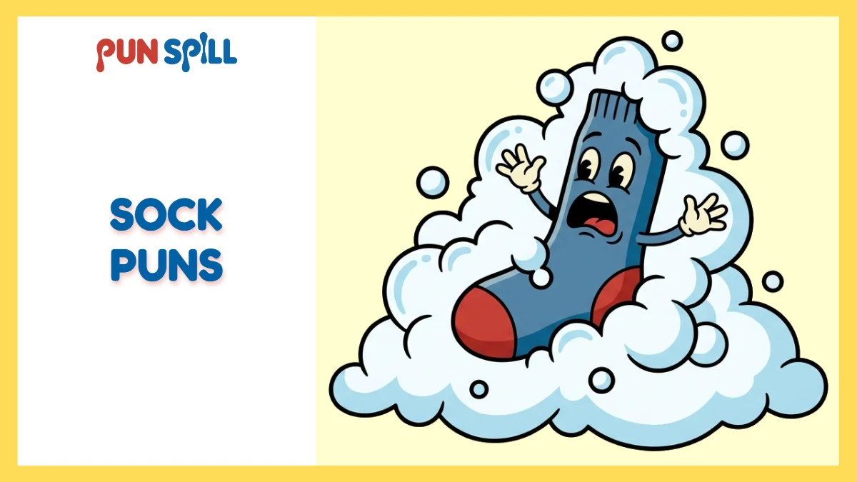 A panicked cartoon sock desperately swimming through laundry bubbles to illustrate hilarious sock puns.