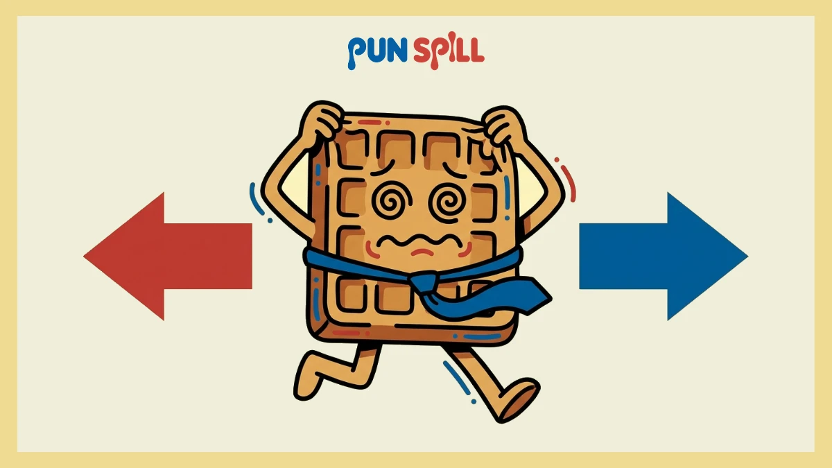 Cartoon illustration for indecisive waffle puns showing a stressed office waffle panicking between two directional arrows.