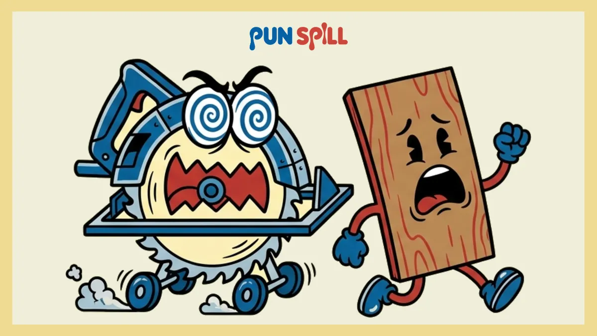 A cartoon circular saw chasing a screaming piece of plywood, capturing the chaotic jobsite banter of woodworking puns.