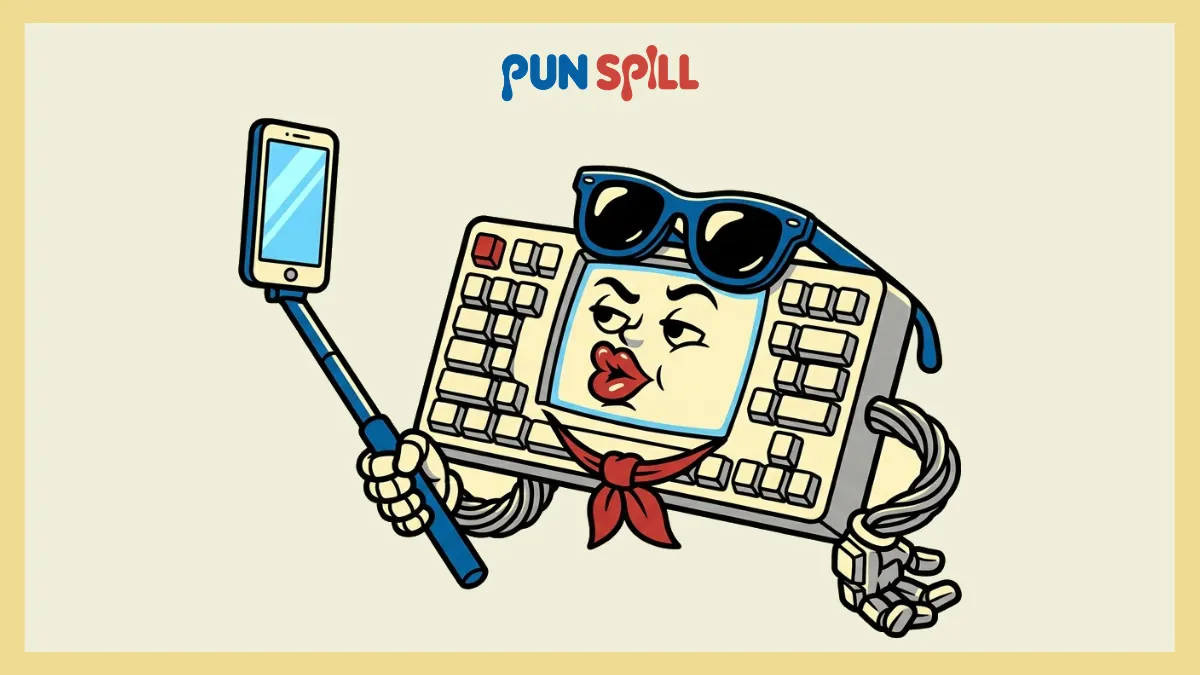 A vain anthropomorphic keyboard taking a selfie with a smartphone for keyboard puns social media captions.