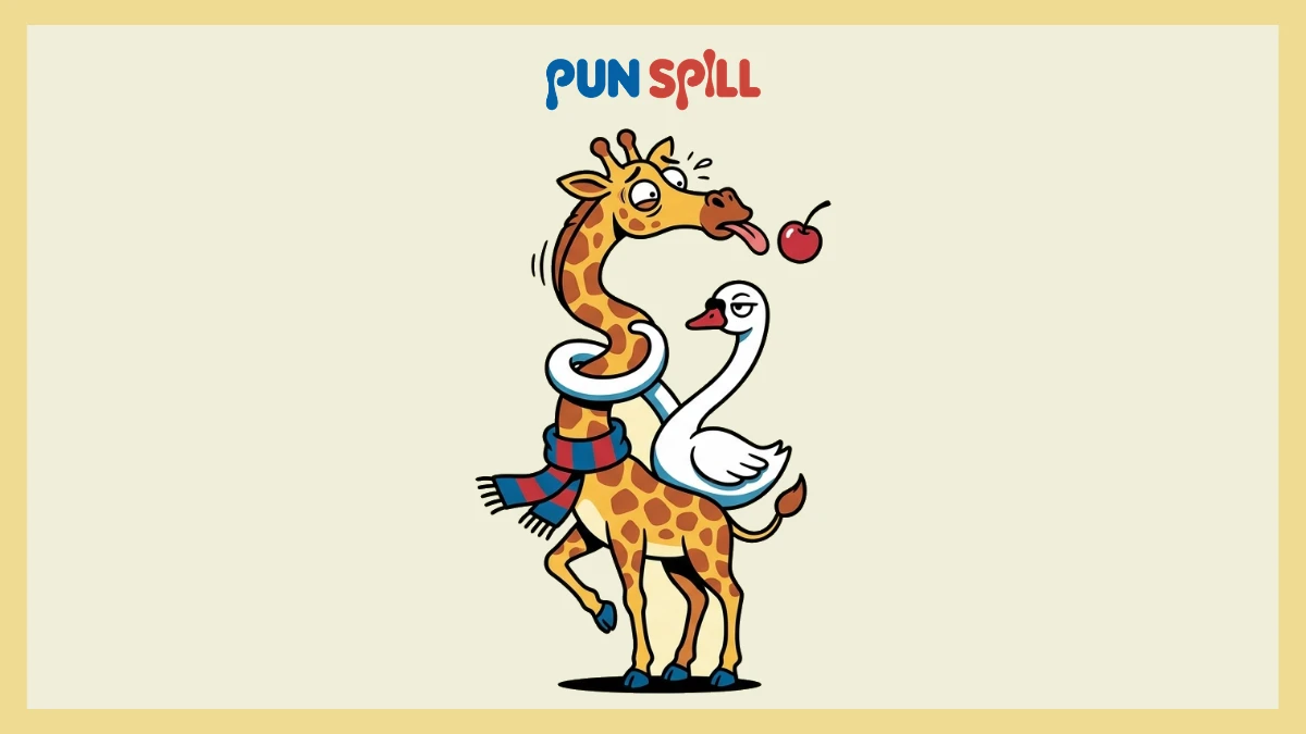 Cartoon giraffe and swan with tangled long necks reaching for a cherry, illustrating long neck puns for giraffes and swans