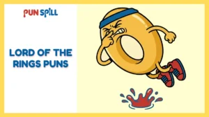 A cartoon golden ring plugging its nose and jumping into lava to escape bad Lord of the Rings puns.