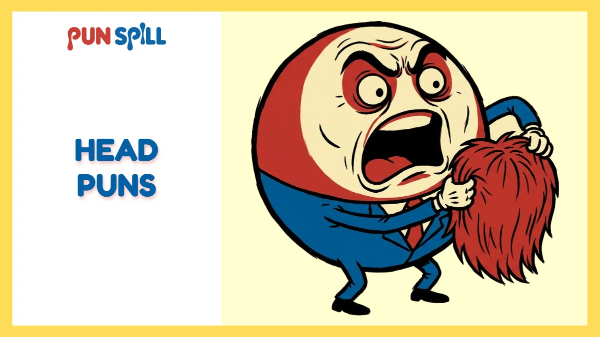 A cartoon head panicking and holding its detached hair, illustrating head puns.
