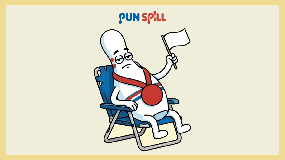 A lazy cartoon bowling pin sitting in a lawn chair wearing a participation medal, illustrating low stakes bowling puns.