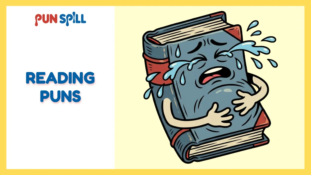 An anthropomorphic book sweating and crying in physical agony from holding too many painful reading puns.