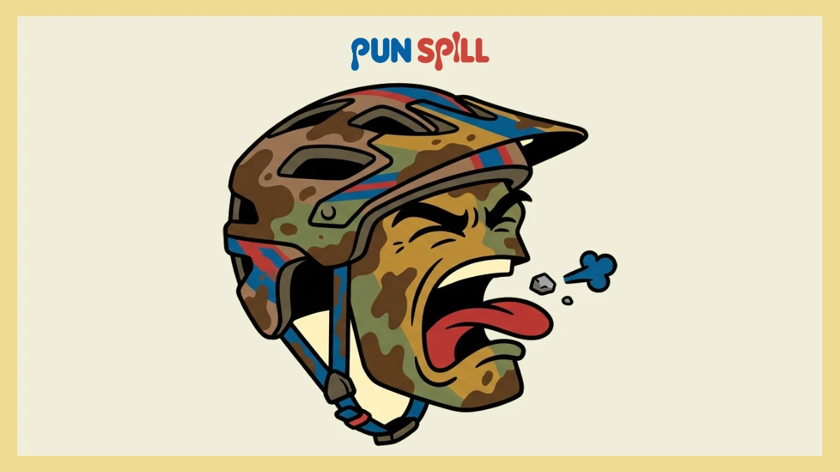 A muddy cartoon mountain bike helmet with an exaggerated groaning face spitting out a rock to represent mountain biking jokes.