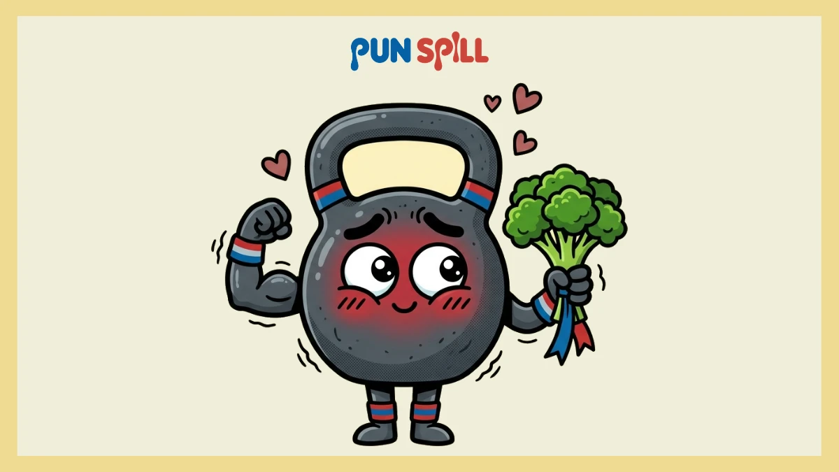 Blushing cartoon kettlebell awkwardly flexing its bicep and holding broccoli for flirty muscle puns.