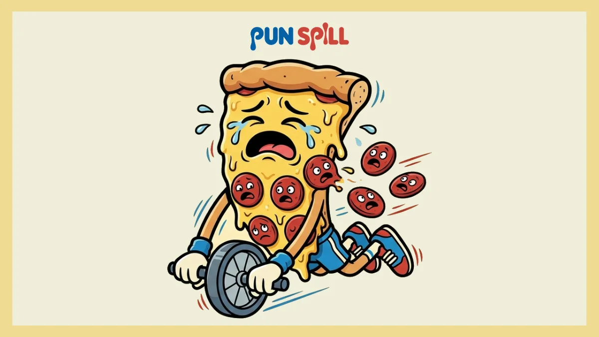 Cartoon pizza slice with a pepperoni six-pack struggling on an ab roller for abdominal muscle puns.