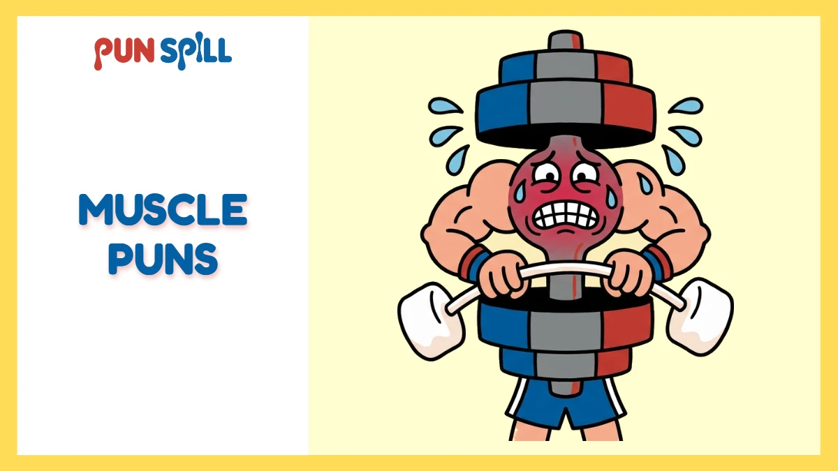 Cartoon illustration of a muscular dumbbell struggling to lift tiny foam rollers for muscle puns and gym humor.