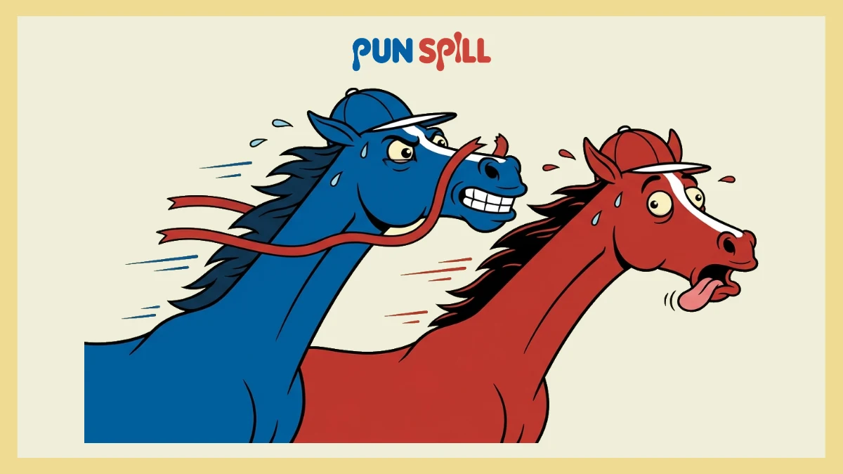 Two cartoon racehorses with absurdly stretched necks crossing a ribbon neck and neck, illustrating neck idiom puns