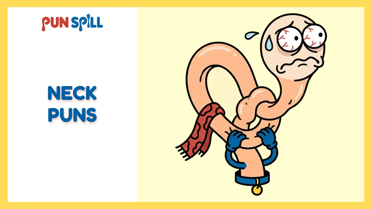 Cartoon neck puns mascot with a comically stretched, taffy-like neck tied in a loose knot and an exhausted, regretful face