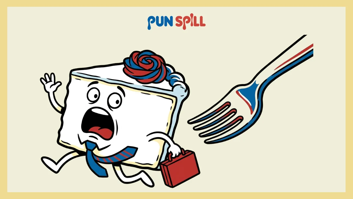 Cartoon office sheet cake wearing a necktie and running away from a giant plastic fork for office cake puns.