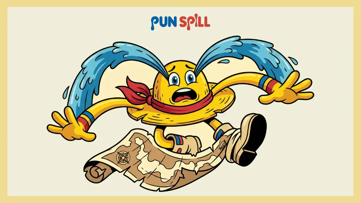 A crying cartoon straw hat with rubber arms clumsily tripping over a treasure map, representing One Piece anime puns.